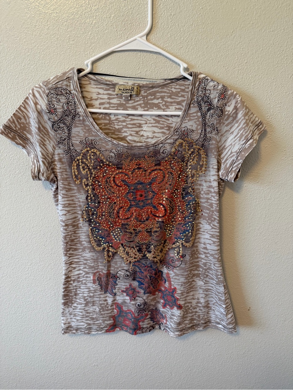 Vintage Y2K One World Boho Rhinestone Studded T-Shirt Burnout Zebra Print Fabric